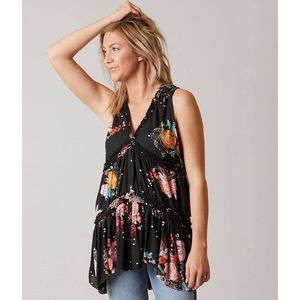 Free People Black Floral Tiered Haze Tank Tunic Top Large